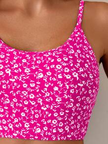 SHEIN Swim 2 件套女士碎花细肩带短款上衣和高腰三角裤比基尼套装，休闲度假装