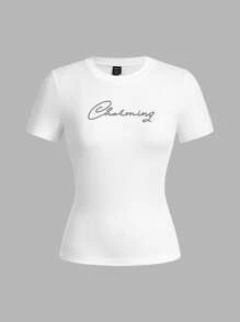 SHEIN EZwear 女式仿水钻字母蝴蝶结印花条纹休闲修身短袖 T 恤三件套，适合夏季、海滩度假 - 彩色 - 查看 9