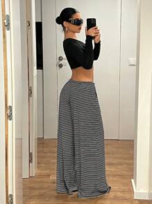 SHEIN ICON Damen Gestreifte Lange Hosen, Y2K Mode Lässige Gerade Bein Hosen mit Tunnelzug für Zuhause