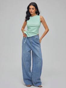 Elin Vora Top asimétrico de tirantes con fruncido y cordón para adelgazar, verano para mujer - Verde - Ver 3