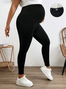 SHEIN Plus Size Maternity Casual Solid Color Adjustable Waist Leggings - Black - View 3
