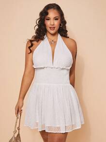 SHEIN BAE Plus Size Women Shirred Halter Tie Polka Dot Mesh A-Line Short Dress, Mini Party Dress, Elegant Dress, French Dress, Evening Gown, Birthday Dress, Bridesmaid Dress, Simple Graceful Daily Dress, Wedding Guest Dress, Cocktail Dress,Sexy Dresses For Women,Elegant Dress,Ruffle Skirt,Rave Outfits Festival,Festival Outfits,Going Out Tops Women,Birthday Dresses For Women,Dresses For Women Elegant,Graduation Dresses For Women,Summer Dresses For Women - White - View 8