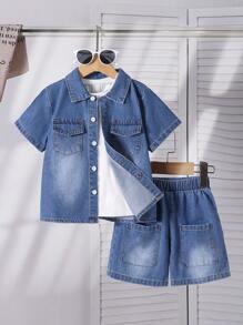 Young Boys Denim Two Pieces Outfits Young Boys Suit Set Young Boys 2 Pieces Young Boys Sets Boys Denim 2 Pieces Outfits Girl Clothes Sets Young Girls Sets - Blue - View 2