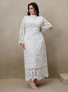 Anewsta 大码优雅纯色立领长袖蕾丝连衣裙