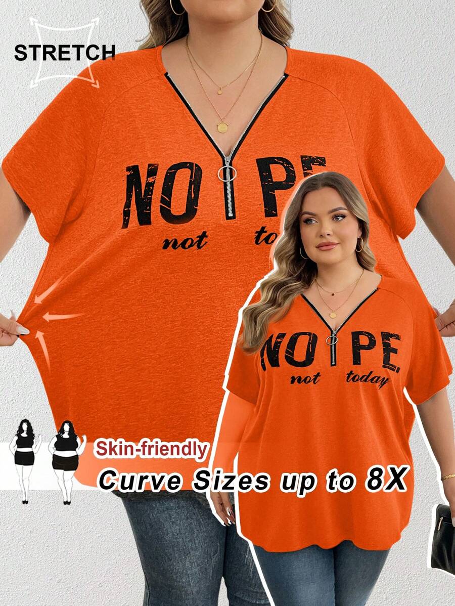 SHEIN CURVE+ 大码灰色印花字母V领短袖T恤,半拉链设计/大码T恤,夏季/乡村/海滩度假/海滩/沙滩装 - 橘色 - 查看 1
