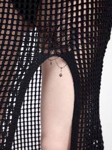 ROMWE Goth 女式复古风格钩针高开叉鱼尾针织裙 - 黑色 - 查看 6