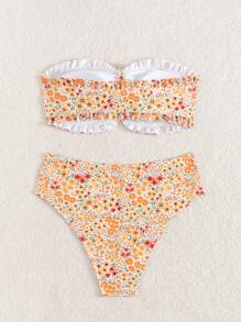 SHEIN Swim Women's Summer Beach Vacation Outfits - Cute Ditsy Floral Frill Bandeau, Beaded Drawstring Tie Bikini Set - Multicolor - View 7