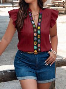 SHEIN Clasi Plus Size Cut-Out Collar Ribbon & Ruffle Hem Casual Summer Blouse - Burgundy - View 4