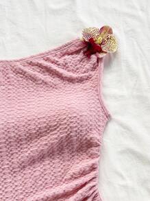 Soleia Women Vacation Textured Knit Asymmetric Shoulder Pink Mini Dress With 3D Floral Decor, Fitted With Ruffle Hem - Pink - View 5