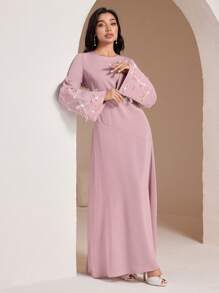 Veilorie Women's Elegant Beaded Bow Decorated Arabian Style Dress, Modest - Pink - View 5