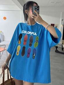 DAZY Women's Loose Pattern Printed Streetwear T-Shirt Graphic Tee - Blue - View 7