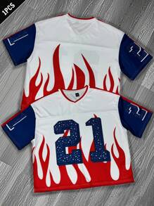 Aesthetic Post 男士夏季休闲拼色火焰和数字印花T恤