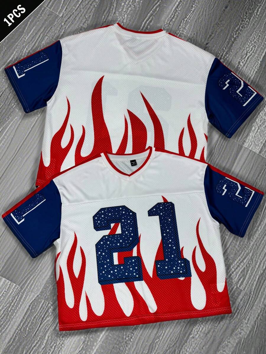 Aesthetic Post 男士夏季休闲拼色火焰和数字印花T恤