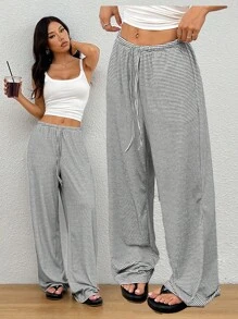 SHEIN EZwear 夏季乡村音乐会条纹印花抽绳口袋针织女裤 - 灰色 - 查看 3