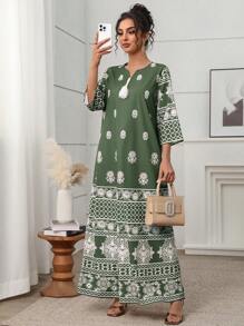 Yasmyna 女式花卉印花 V 领 3/4 袖宽松阿拉伯风格连衣裙，朴素的卡夫坦 - 綠色 - 查看 3