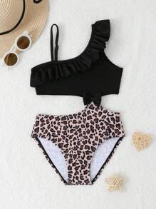 SHEIN Traje de baño de una pieza con volantes y recortes con estampado de leopardo para niña