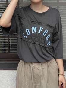 FRIFUL Women Vacation Contrast Trim Front Letter Colorblock Decor Round Neck Short Sleeve Casual T-Shirt, Summer Street Wear & Beach - Dark Grey - View 8