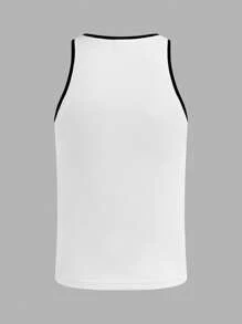 SHEIN Teen Boys' Textured Fabric Contrast Color Black & White Tank Top, Comfortable, Fashionable, Minimalist, Versatile, Soft Fabric Suitable For Daily Wear, School, Travel, Outdoor Sports, Beach, Gym, Spring/Summer - White - View 3