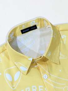 ROMWE MEN Prep 男士夏季时尚全印花短袖衬衫 - 黃色 - 查看 3