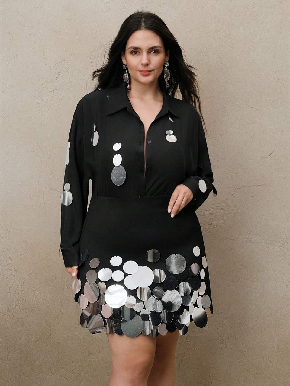 Plus Size Women's Handmade Sequin Embellished Flowy Long Sleeve Button Up Blouse, Versatile