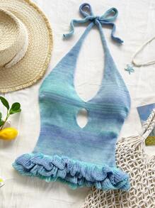 Soleia V-Neck Halter Tie Hollow Out Ombre Knitted Vacation Top, Suitable For Holiday, Date, Afternoon Tea, Music Festival, Boho Summer Beach, Blue - Baby Blue - View 7