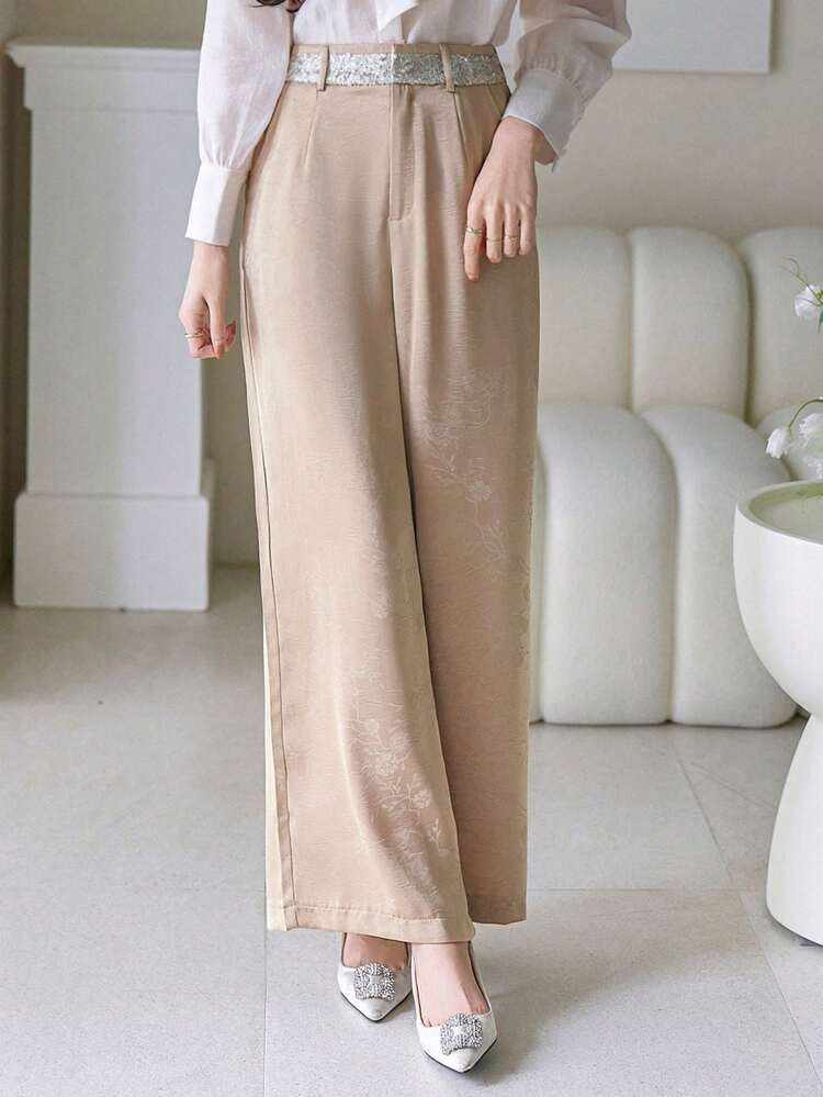 Women's Floral Patchwork Sequin Waist Wide Leg Casual Elegant Pants, Summer Women Dress Pants