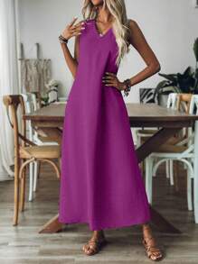 Breezaya Đầm Maxi Không Tay Màu Trơn Cổ Chữ V Thoải Mái Đơn Giản Cho Nữ - Màu tím - Xem 5