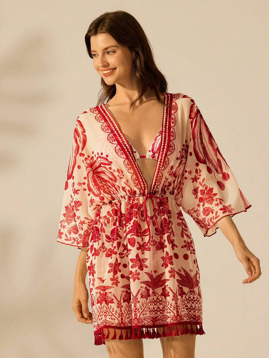 CAJUNI Pareo de playa con estampado tropical de árbol de coco, estilo boho casual para mujer