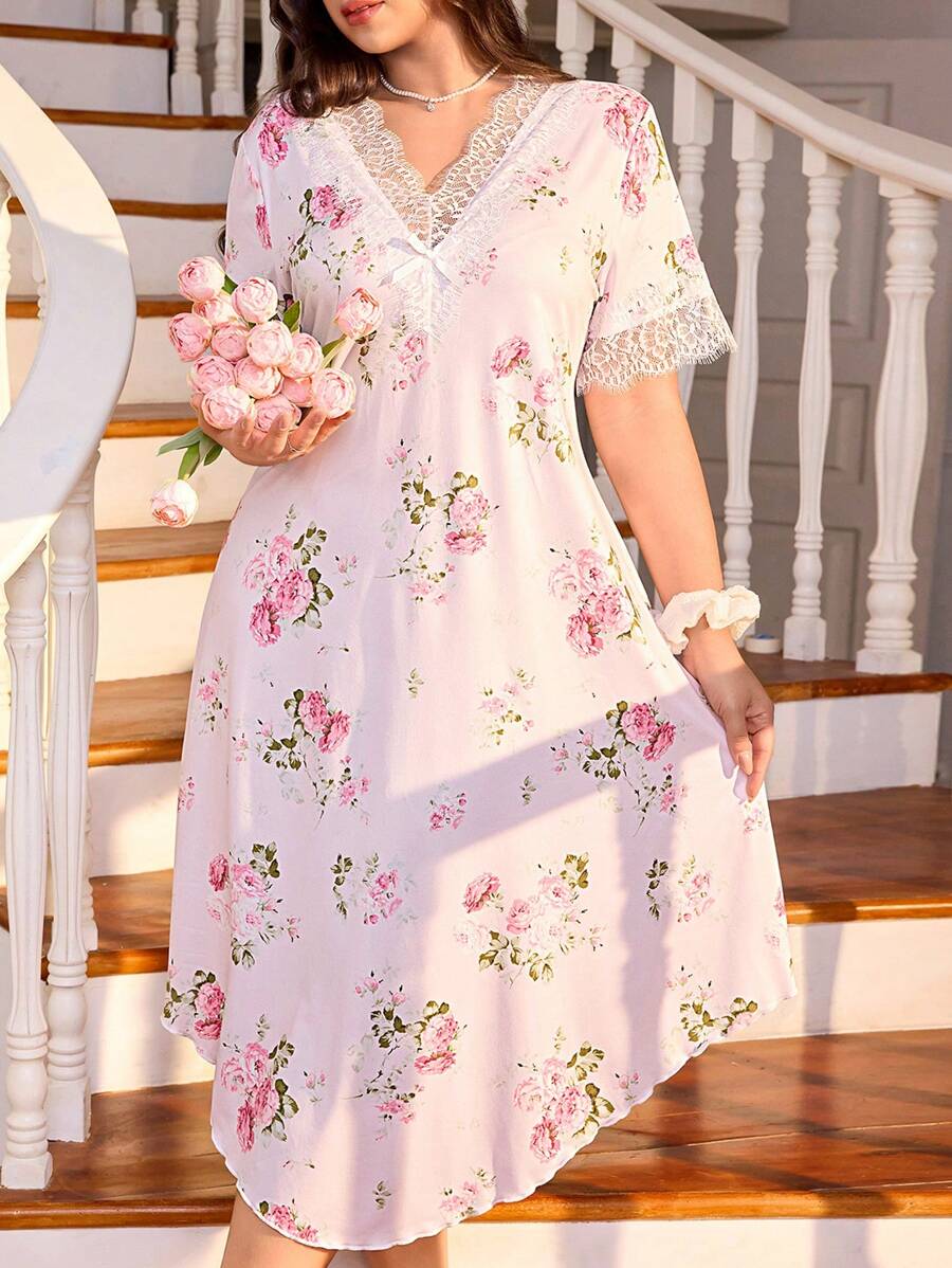 CottageSlumber Plus Size Asymmetrical Hem Romantic Floral Print V-Neck Lace Trim Nightgown Spring Dress For Women - Baby Pink - View 1
