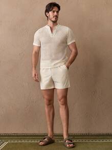 GENTILAND 2pcs/Set Men's Casual Knitted Jacquard Coin Pattern V-Neck Short Sleeve Shirt & Drawstring Waist Straight Leg Shorts Set - Apricot - View 2