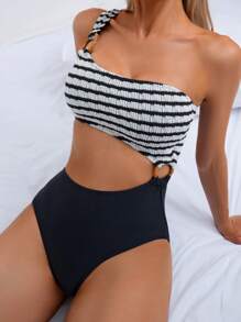 SHEIN Swim 1 pieza Traje de baño de una sola pieza con bloques de color texturizados y a rayas para mujer - Blanco y Negro - Ver 3
