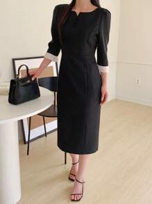 DAZY Damen Mittellang Kleid mit Patchwork Farbblöcken und Ärmeln in Mittellänge