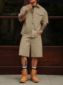 DAZY 男士纯色休闲衬衫套装 - 短袖衬衫和短裤，春夏季舒适服装 - 卡其色 - 查看 1