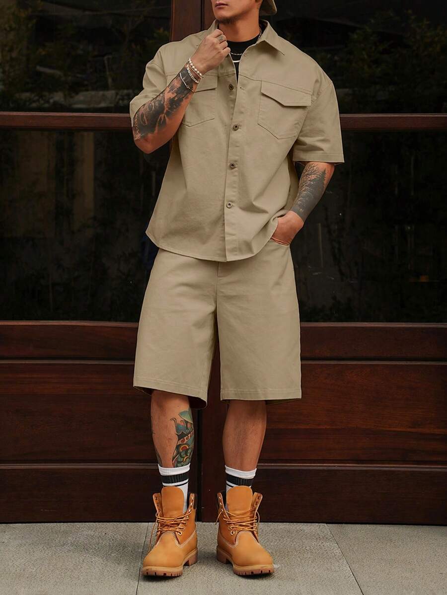 DAZY 男士纯色休闲衬衫套装 - 短袖衬衫和短裤，春夏季舒适服装 - 卡其色 - 查看 1