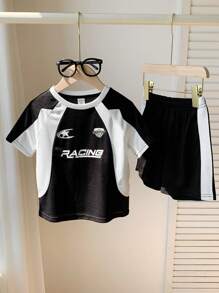 SHEIN 2pcs Young Boys Casual Comfortable Contrasting Color Raglan Sleeve T-Shirt And Shorts Set, Suitable For Spring & Summer Outdoor Wear - Multicolor - View 7