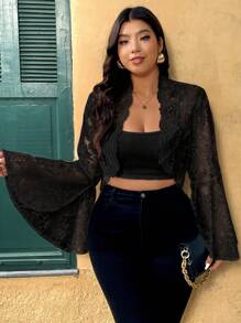 SHEIN Belle Women Plus Size Elegant Lace Cropped Jacket In White Winter Fall Autumn - Black - View 5