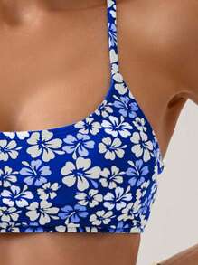 SHEIN Swim 女士泳衣套装，印花比基尼，无钢圈 - 寶藍色 - 查看 4