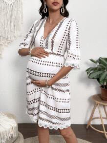 SHEIN 孕妇条纹V领拉链卡其色几何图案休闲度假哺乳连衣裙，夏季 - 卡其色 - 查看 3