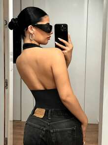 SHEIN ICON 性感 Y2K 深 V 领金属紧身衣，纯黑色