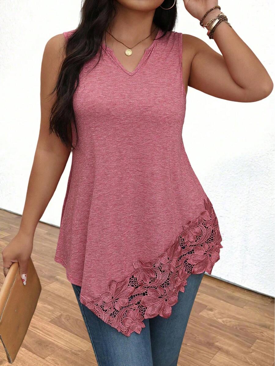 EMERY ROSE Áo ba lỗ cổ chữ V không tay viền ren không đối xứng cỡ lớn, dáng rộng thoải mái cho hoạt động ngoài trời/ngày lễ - Hồng - Xem 1