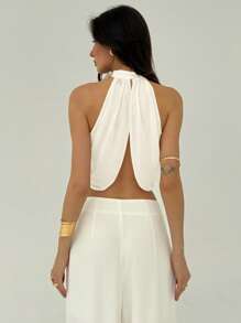 Aloruh 女士雪纺度假休闲时尚交叉褶皱后颈纽扣优雅性感衬衫