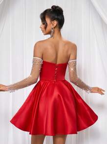 Lovelzi Elegant Luxurious Faux Pearl Beaded Ruffle Sheer Long Sleeve Big Hem Dress, Suitable For Wedding, Party, Holiday, Ball, Bridal Shower Gift, Bride - Red - View 2