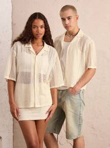 Manfinity VCAY Sheer Sensitive Collared Lace-Trim Loose Fit Short Sleeve Men's Shirt - White - View 2