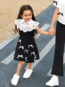 SHEIN Leap Crew 2pcs Set Young Girl Casual Sweet Collar Lace Patchwork Contrast Color Top And Skirt Suit - Black and White - View 1