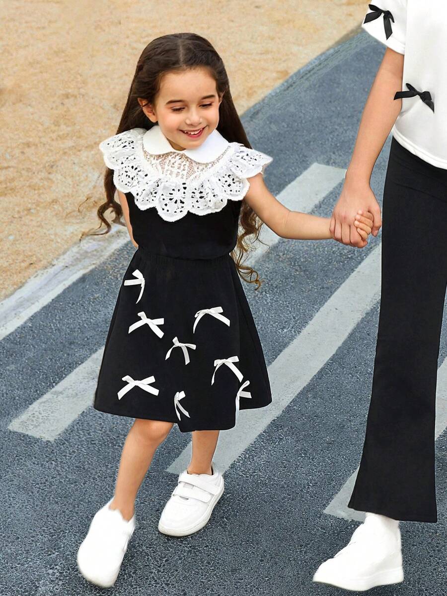 SHEIN Leap Crew 2pcs Set Young Girl Casual Sweet Collar Lace Patchwork Contrast Color Top And Skirt Suit - Black and White - View 1