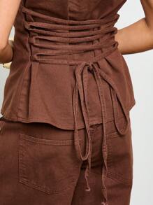 AiiRZ Denim Round Neck Cinched Waist Back Tie Regular Hem Casual Summer Top - Coffee Brown - View 3