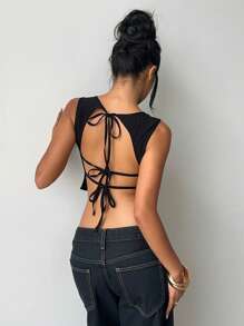 Aloruh Women's Summer Casual Solid Color Tie-Backless Cropped Tank Top - Black - View 6