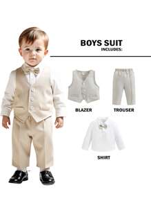 3 件套男婴/女婴绅士装 - 白色长袖衬衫、T 恤、背心和裤子套装，优雅春夏季西装，适合生日派对、洗礼、1 岁生日、正式活动、婚礼嘉宾、花童
