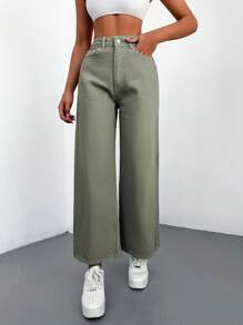 Cottnline 100%纯棉斜口袋休闲阔腿牛仔裤 - 軍綠色 - 查看 6