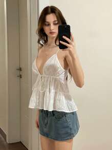 Sweetina Women's White Embroidered Camisole With Front Tie & Open Back, Casual Holiday Tank Top - White - View 4